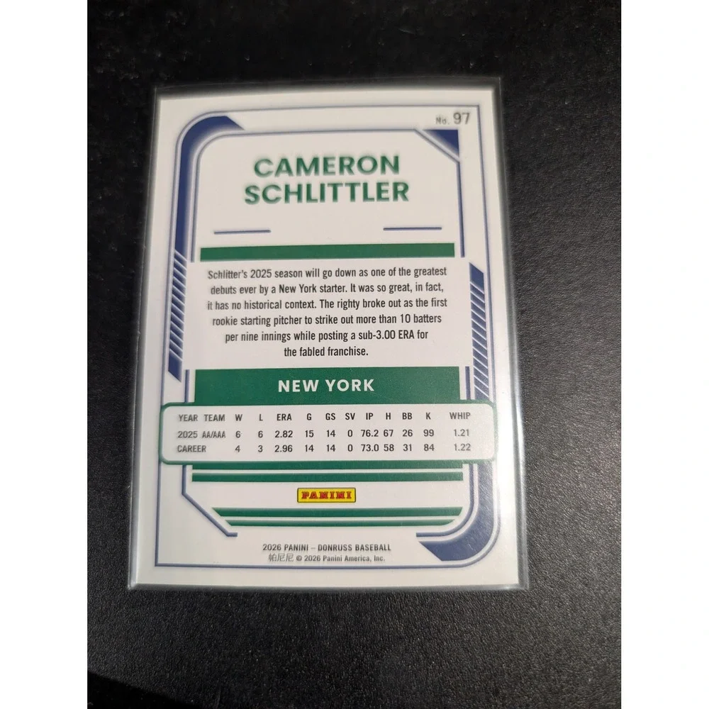 2026 Panini Donruss Baseball Cameron Schlittler New York Card No. 97 Pitcher